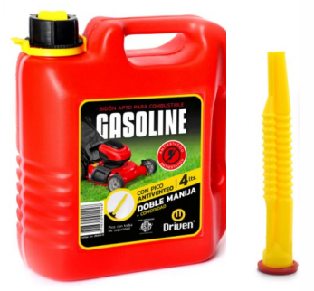 DRIVEN BIDON PLASTICO PROFESIONAL 4L ROJO EXTRA CHATO  / APTO COMBUSTIBLE - DOBLE MANIJA - VISOR C/MEDICION DE  / CONTENIDO