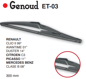 GENOUD ESCOBILLA TRASERA PLASTICA 300MM CLIO II 99 -DUSTER 14  /CITR C3 PICASSO 11 - M.BENZ CLASE B 08 // 7701410