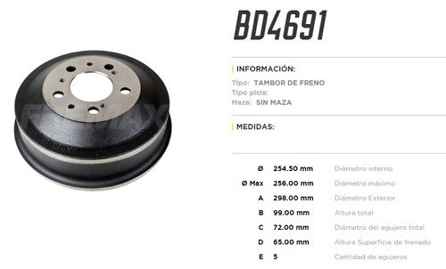 FREMAX CAMPANA FRENO FIAT DUCATO 2.8 PEUGEOT BOXER 2.8 98/99  / TRASERA 254.5MM 256MM 99MM 72MM 65MM 5 