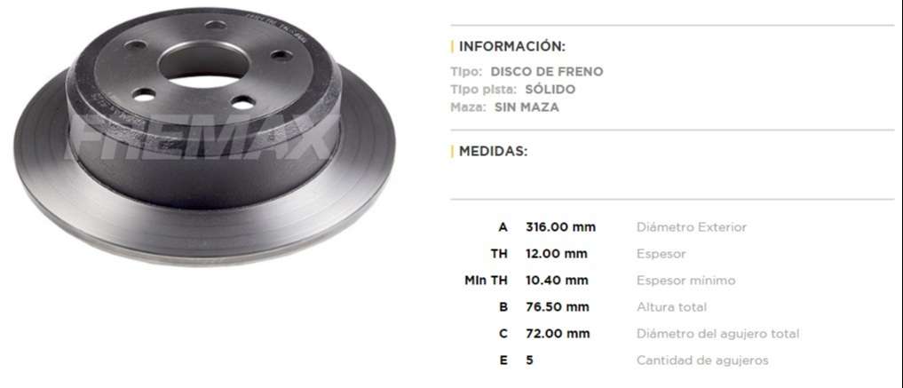 FREMAX DISCO FRENO JEEP WRANGLER (127MM) 2007 - 2011 TRAS.  /SOLIDO 