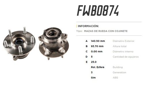 FREMAX MAZA RUEDA C/COJINETE TRAS CITROEN C4 AIRCROSS 1.6/1.  /8 2012/ MITSUBISHI OUTLANDER 2.0/2.2 2012/ PEUGEOT 4008 1.6/  /1.8 2012/ C/ABS